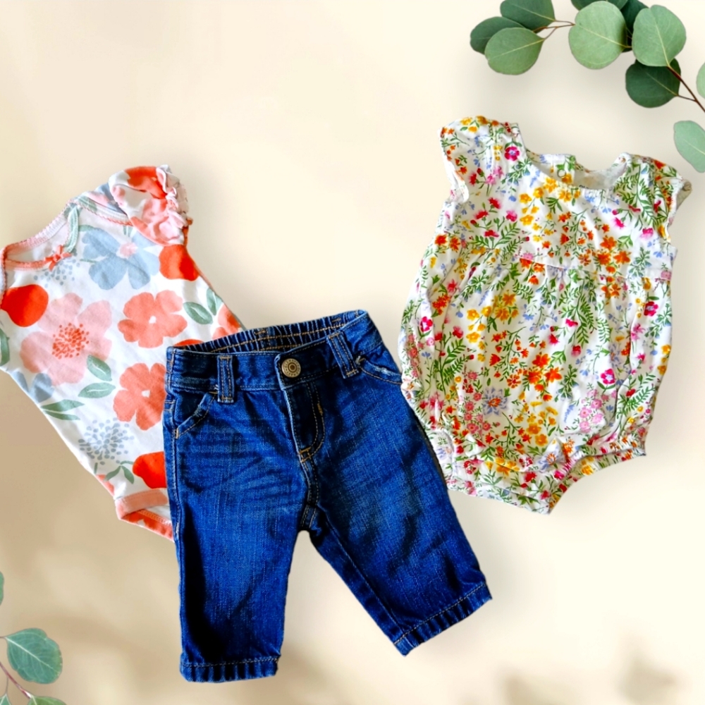 Infant Baby Girls 3 PC Bundle Jeans Onsie Old Navy 0-3 Montbs